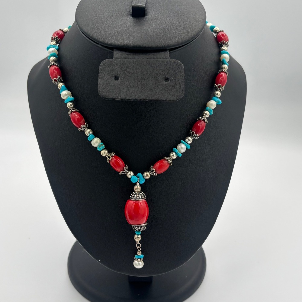 IVD Necklace Women Red Sterling Silver Turquoise Pearl Southwestern Drop
